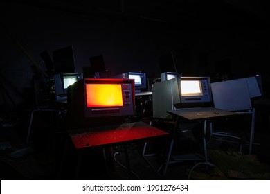 Old broken Soviet computers in abandoned computer hall.