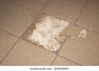 Old Broken Tiles On The Floor Closeup