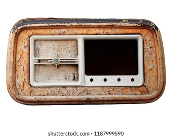 An Old Broken Wooden Vintage Radio Receiver With A Cracked Brown Case And Missing Parts Isolated On A White Background