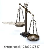 An old bronze balance, weighing a a stone heart against a metal feather.