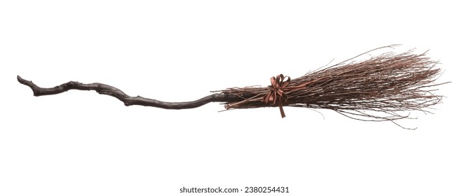 Old broom with wooden handle isolated on white