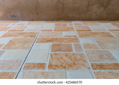 Old Brown Ceramic Tile Floor Perspective View