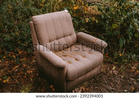 Old brown fabric sofa abandoned in a forest. Fly tipping, ripped and torn material, no people.
