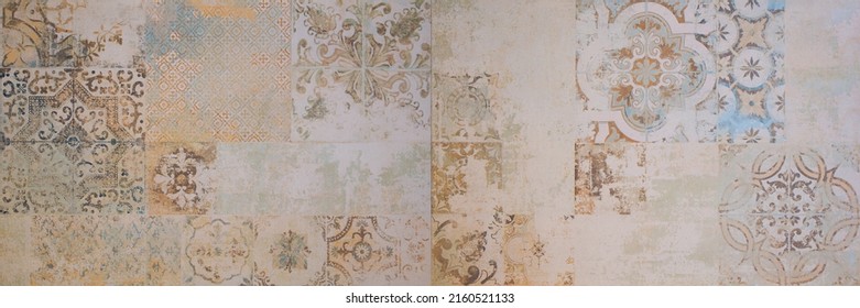 Old brown gray rusty vintage worn geometric shabby mosaic ornate patchwork motif porcelain stoneware tiles stone concrete cement wall texture background banner panorama - Shutterstock ID 2160521133