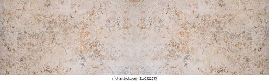 Old brown gray rusty vintage worn shabby ornate patchwork motif porcelain stoneware tiles stone concrete cement wall texture background banner panorama - Shutterstock ID 2160521633