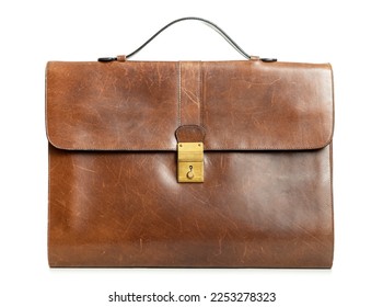 Old brown leather briefcase isolated over white background.