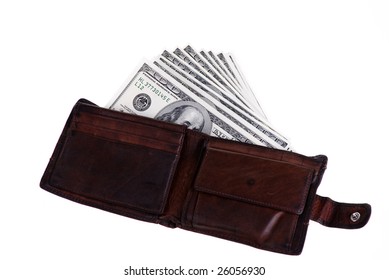 Old Brown Leather Wallet Stuffed With Money Isolated On White.