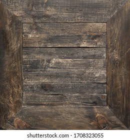 Old brown rustic dark textured wooden background, square framing