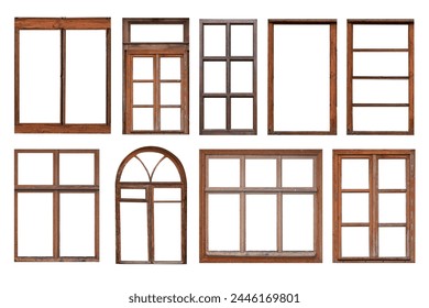 Old brown window frames, different shapes isolated on white background.	 - Powered by Shutterstock