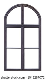 Old brown wooden window with arch and six pane on white background