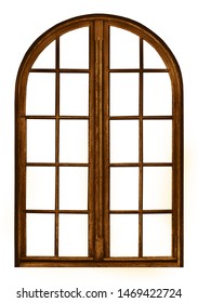 Old brown wooden window with arch on white background