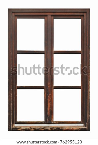 Old brown wooden window on white background