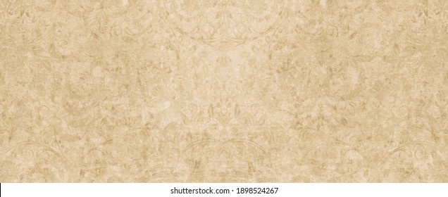 Old Brown Yellow Beige Vintage Worn Shabby Elegant Floral Leaves Flower Patchwork Motif Tiles Stone Concrete Cement Wall Wallpaper Texture Background Banner