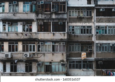 old building facade, run down house exterior, HongKong