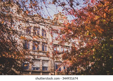 Old building facade through branches and leaves with autumn colors