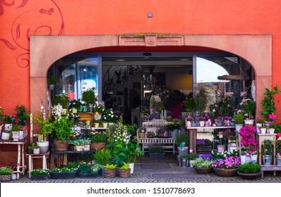 Old Building In France. Entrance Into A Small Flower Shop. Small Local Flower Shop With Beautiful Outside Display.