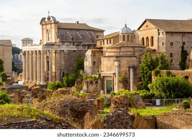 Old building on Ancient Roman Forum in summer, Rome, Italy, Europe. Roman Forum is famous tourist attraction in World. Historical architecture, landmark of Roma city in summer. Travel concept. - Shutterstock ID 2346699573