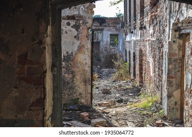 old building ruin interior, damaged brick wall abandoned