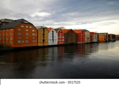 Old buildings on the bank of Nidelva river in Trondheim