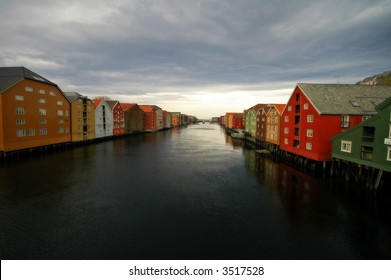 Old buildings on the bank of Nidelva river in Trondheim