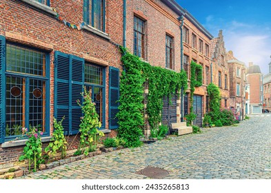 Old buildings with shutter windows and plants on brick walls on cobblestone street in Ghent historical city centre Prinsenhof Princes Court quarter district, Gent old town, Flemish Region, Belgium - Powered by Shutterstock