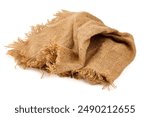 Old burlap fabric napkin, sackcloth piece isolated on white background