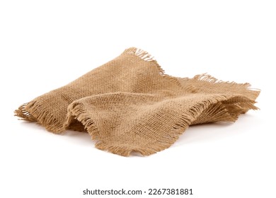 Old burlap fabric napkin, sackcloth piece isolated on white background - Shutterstock ID 2267381881