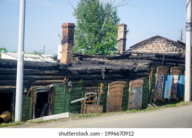 Old Burnt Down Wooden House In Irkutsk