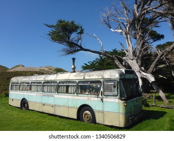 Old Bus Converted To A Tiny Home. Big Campervan As A Cozy House On Wheels, Parked Underneath A N Old Tree In Great Barrier Island New Zealand On A Sunny Summer Day.