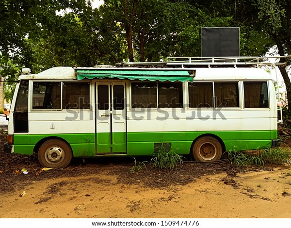 Old bus parked under\
trees.