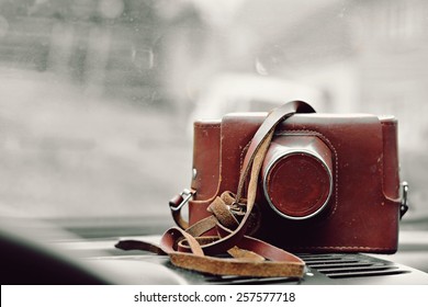 Old camera in leather case