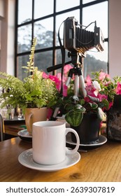Old Camera on a Table with a Coffee Cup and Plants, Cozy Rustic Interior Still Life. Dalat, Vietnam.