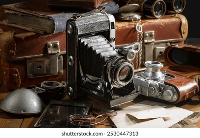 Old camera in the studio on an old background