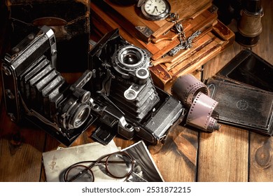 Old camera in the studio on an old background