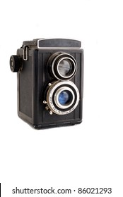 old camera with two lenses on a white background