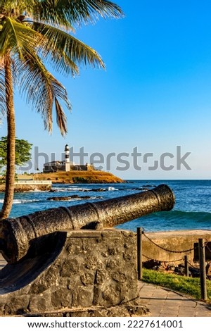 Old cannon from the time of the empire used in the defense of the city of Salvador in Bahia, with Farol da Barra and the sea in the background
