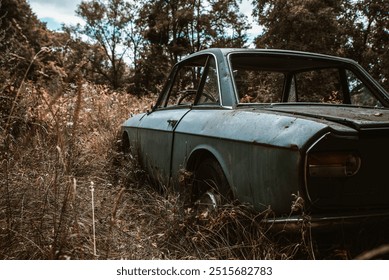 an old car abandoned in woods during an urbex session in france - Powered by Shutterstock