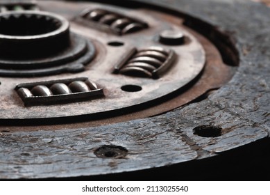 Old Car Clutch Disk Close Up Background. Clutch Disk Replacement.