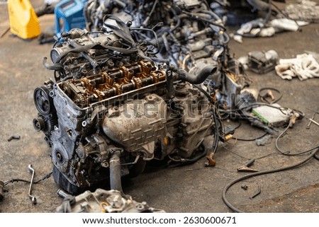 old car engine block open cover under service maintenance, repair internal fix camshaft cylinder head area