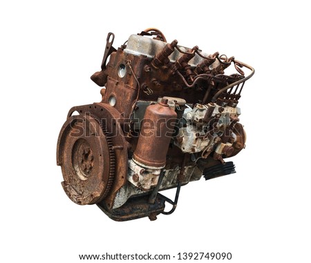 Old car engine isolated on white background. Rusty automotive engine. ( Clipping path )
