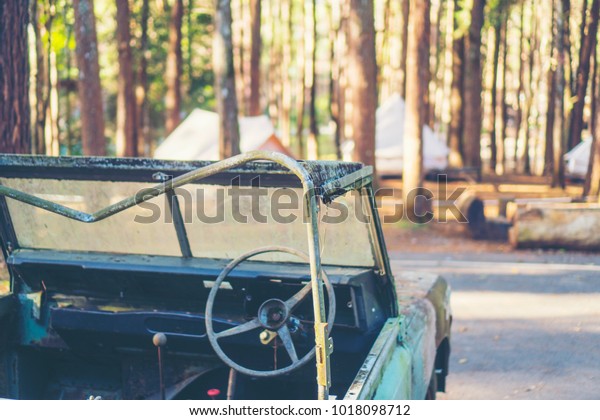 old car in the\
forest, vintage filter\
image