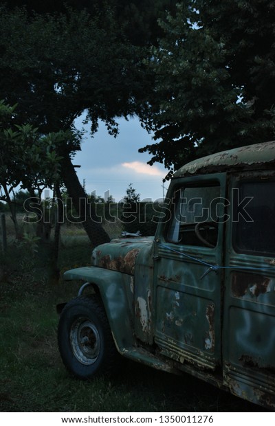 An old car\
in a garden with a beautiful\
landscape