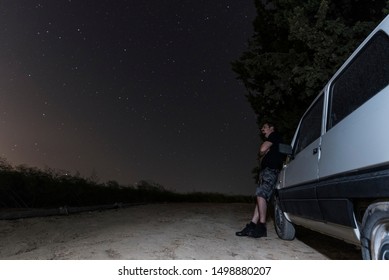 Old Car Image In Summer Night With Full Lenght Portrait Man Near Broken Down Car At Night