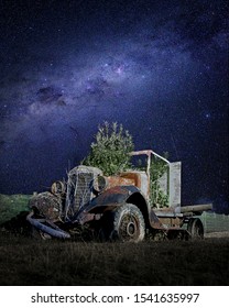 Old Car With Milky Way ,New Zealand