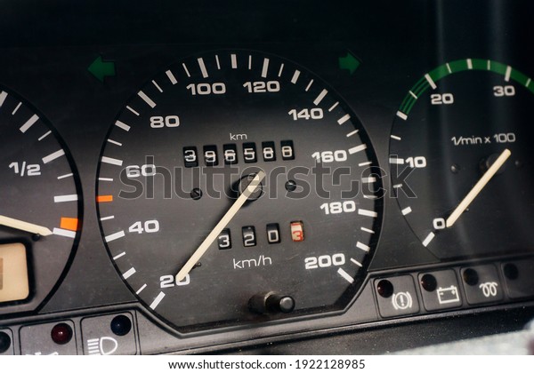 Old car speedometer. Speed indicator background.\
Parked car zero speed texture. Dashboard of oldschool car. Roration\
engine speed arrow.