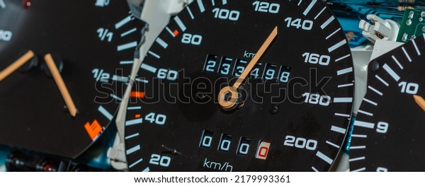 Old car speedometer,odometer.\
Speed indicator background.Roration engine speed\
arrow.Banner.