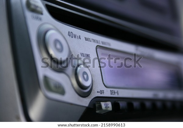The old\
car stereo player\'s part in selective\
focus