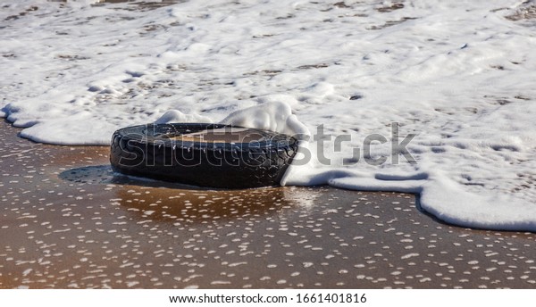Old car tires on the\
beach,Water and sea coast pollution car tires on sand beach,An\
image of an old car tire ingrown into the sand.Old car tires with\
seaweed stuck on.