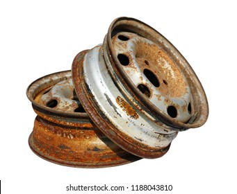 Old Car Wheel, Rusty Car Alloy Rim Isolated On White Background