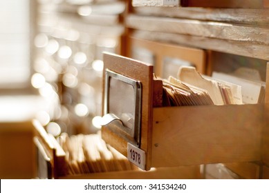 old card index with cards in a library
